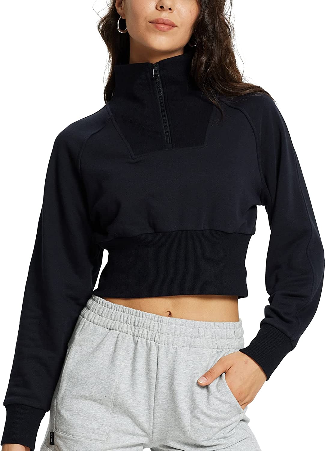 230816053105545_1 BALEAF Women's Half Zip Cropped Sweatshirt High Neck Long Sleeve Crop Pullover Athletic Ribbed Corset Hems Cozy - Image 1